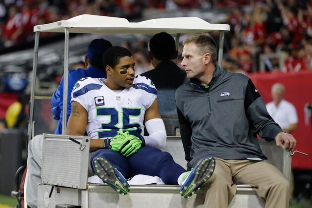 ATLANTA, GA - JANUARY 14:   DeShawn Shead #35 of the Seattle Seahawks is carted of the field agianst the Atlanta Falcons at the Georgia Dome on January 14, 2017 in Atlanta, Georgia.  (Photo by Kevin C. Cox/Getty Images)
