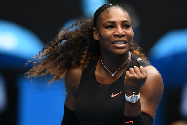 Serena Williams of the US reacts after a point against Switzerland's Belinda Bencic during their women's singles match on day two of the Australian Open tennis tournament in Melbourne on January 17, 2017. / AFP / GREG WOOD / IMAGE RESTRICTED TO EDITORIAL USE - STRICTLY NO COMMERCIAL USE        (Photo credit should read GREG WOOD/AFP/Getty Images)