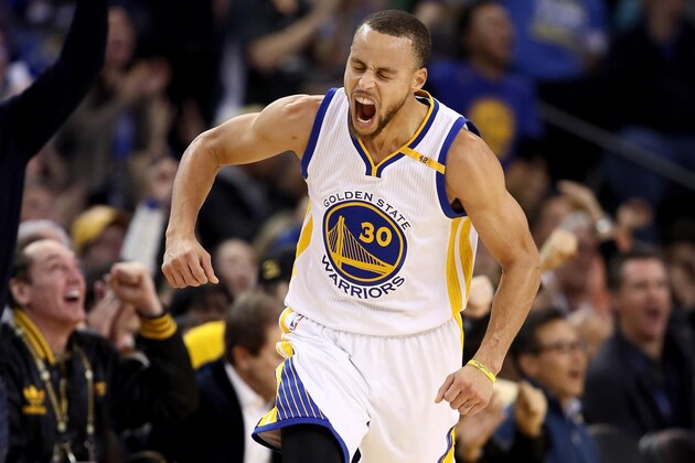 OAKLAND, CA - JANUARY 16:  Stephen Curry #30 of the Golden State Warriors reacts after making a three-point basket against the Cleveland Cavaliers at ORACLE Arena on January 16, 2017 in Oakland, California. NOTE TO USER: User expressly acknowledges and agrees that, by downloading and or using this photograph, User is consenting to the terms and conditions of the Getty Images License Agreement.  (Photo by Ezra Shaw/Getty Images)