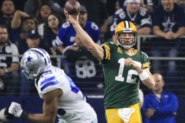 Green Bay Packers' Aaron Rodgers throws during the second half of an NFL divisional playoff football game against the Dallas Cowboys Sunday, Jan. 15, 2017, in Arlington, Texas. (AP Photo/Ron Jenkins)