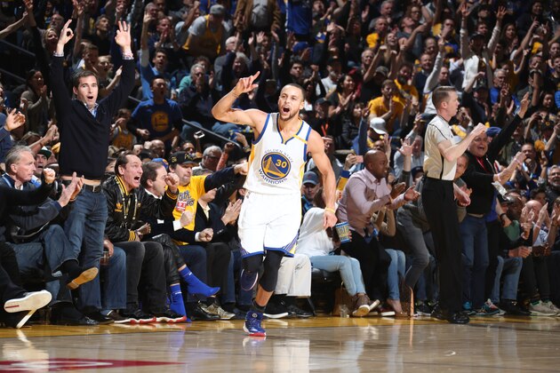 OAKLAND, CA - JANUARY 16: Stephen Curry #30 of the Golden State Warrior celebrates against the Cleveland Cavaliers on January 16, 2017 at ORACLE Arena in Oakland, California. NOTE TO USER: User expressly acknowledges and agrees that, by downloading and or using this photograph, user is consenting to the terms and conditions of Getty Images License Agreement. Mandatory Copyright Notice: Copyright 2017 NBAE (Photo by Nathaniel S. Butler/NBAE via Getty Images)