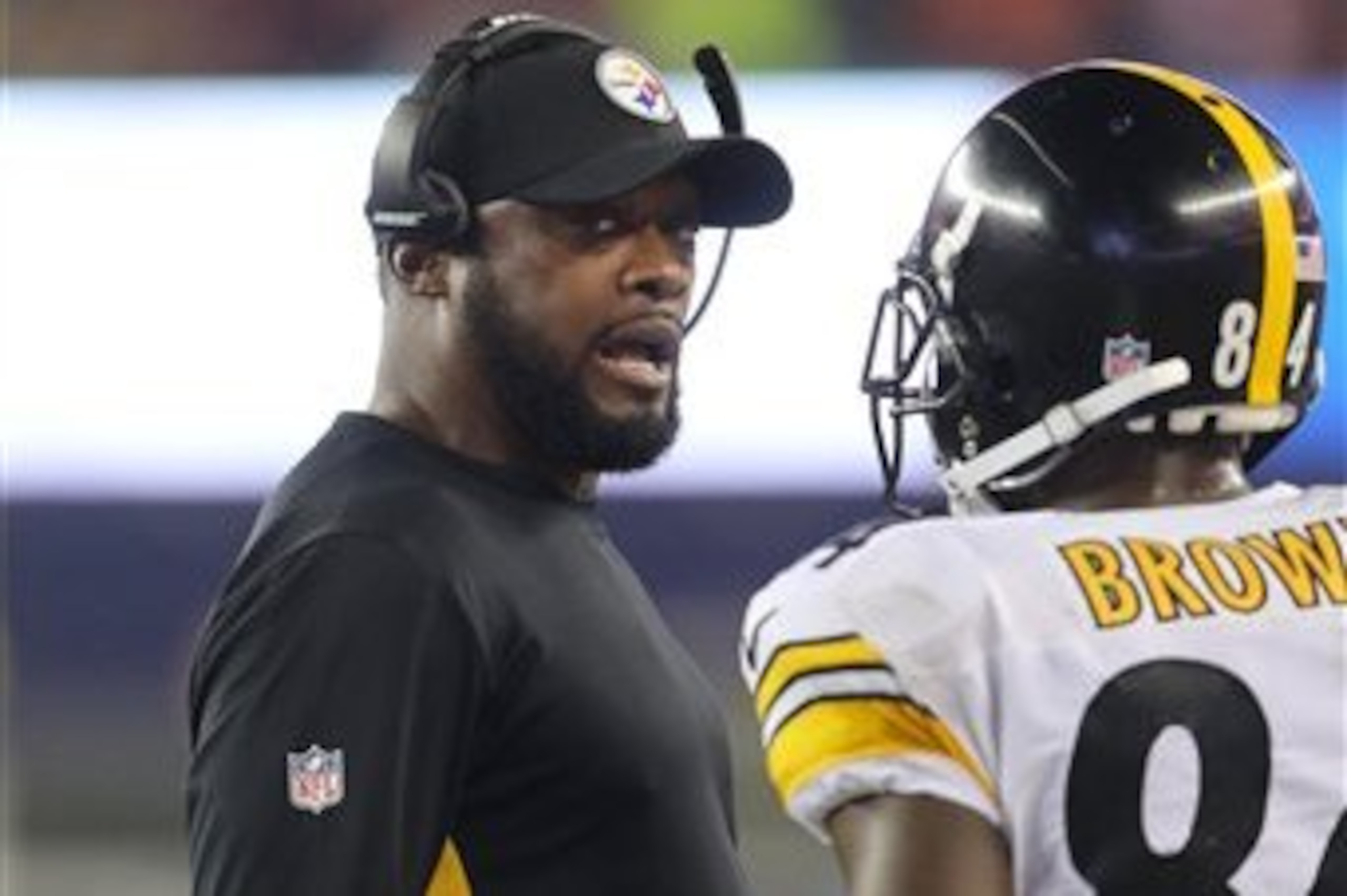 Pittsburgh Steelers head coach Mike Tomlin is seen with Antonio Brown #84 on the sidelines against the New England Patriots during an NFL football game, Thursday, Sept. 10, 2015, in Foxborough, Mass. (AP Photo/Gregory Payan) Pittsburgh Steelers head coach Mike Tomlin is seen with Antonio Brown #84 on the sidelines against the New England Patriots during an NFL football game, Thursday, Sept. 10, 2015, in Foxborough, Mass. (AP Photo/Gregory Payan)