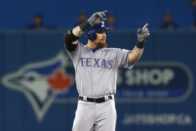 TORONTO, ON - OCTOBER 14:  Josh Hamilton #32 of the Texas Rangers reacts after doubling in the sixth inning against the Toronto Blue Jays in game five of the American League Division Series at Rogers Centre on October 14, 2015 in Toronto, Canada.  (Photo by Vaughn Ridley/Getty Images)