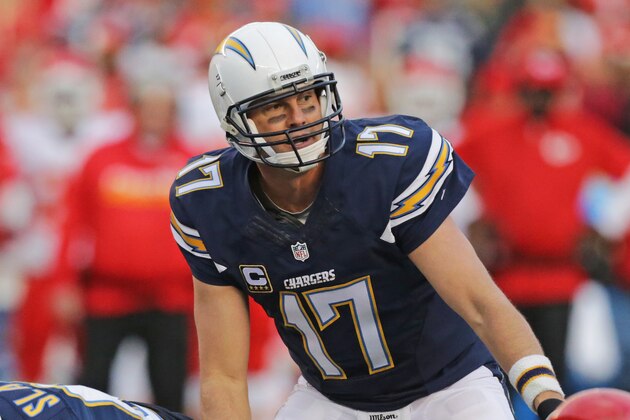 SAN DIEGO, CA - JANUARY 01: Philip Rivers #17 of the San Diego Chargers calling plays at the line against  the Kansas City Chiefs during a NFL game at Qualcomm Stadium on January 1, 2017 in San Diego, California.  (Photo by Leon Bennett/Getty Images)