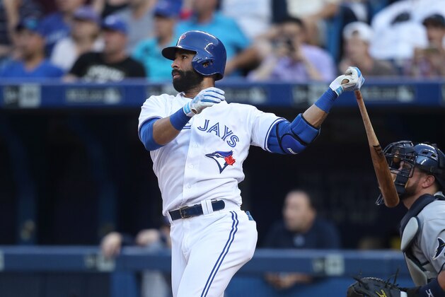 TORONTO, CANADA - AUGUST 8: Jose Bautista #19 of the Toronto Blue Jays hits an RBI sacrifice fly in the first inning during MLB game action against the Tampa Bay Rays on August 8, 2016 at Rogers Centre in Toronto, Ontario, Canada. (Photo by Tom Szczerbowski/Getty Images)