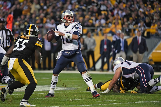 PITTSBURGH, PA - OCTOBER 23: Quarterback Tom Brady #12 of the New England Patriots passes as he is pursued by linebacker Arthur Moats #55 of the Pittsburgh Steelers during a game at Heinz Field on October 23, 2016 in Pittsburgh, Pennsylvania. The Patriots defeated the Steelers 27-16. (Photo by George Gojkovich/Getty Images)