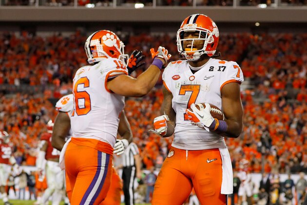 TAMPA, FL - JANUARY 09:  Wide receiver Mike Williams #7 of the Clemson Tigers celebrates with tight end Jordan Leggett #16 after scoring a 4-yard touchdown during the fourth quarter against the Alabama Crimson Tide in the 2017 College Football Playoff National Championship Game at Raymond James Stadium on January 9, 2017 in Tampa, Florida.  (Photo by Kevin C. Cox/Getty Images)
