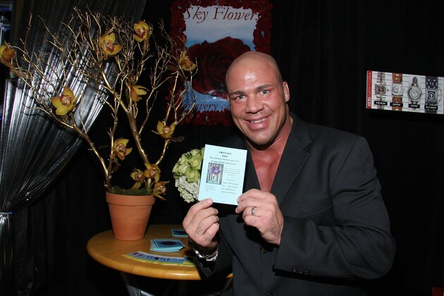LOS ANGELES, CA - DECEMBER 08:  Wrestler Kurt Angle poses with the Sky Flowers display at the distinctive assets gift lounge during Spike TV's Video Game Awards held at The Galen Center on December 8, 2006 in Los Angeles, California.  (Photo by Marsaili McGrath/Getty Images for Distinctive Assets)
