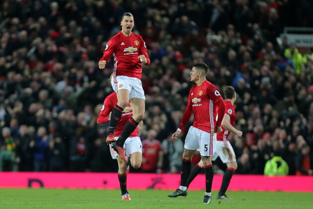 MANCHESTER, ENGLAND - JANUARY 15:  Zlatan Ibrahimovic of Manchester United celebrates scoring his team's first goal to make the score 1-1 during the Premier League match between Manchester United and Liverpool at Old Trafford on January 15, 2017 in Manchester, England.  (Photo by James Baylis - AMA/Getty Images)