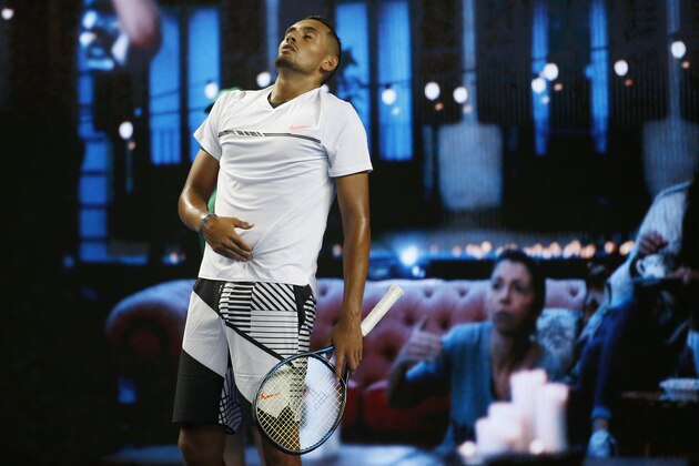 MELBOURNE, AUSTRALIA - JANUARY 18:  Nick Kyrgios of Australia shoes discomfort in his second round match against Andreas Seppi of Italy on day three of the 2017 Australian Open at Melbourne Park on January 18, 2017 in Melbourne, Australia.  (Photo by Darrian Traynor/Getty Images)