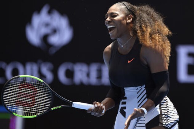 United States' Serena Williams yells out while playing Switzerland's Belinda Bencic during their first round match at the Australian Open tennis championships in Melbourne, Australia, Tuesday, Jan. 17, 2017. (AP Photo/Andy Brownbill)