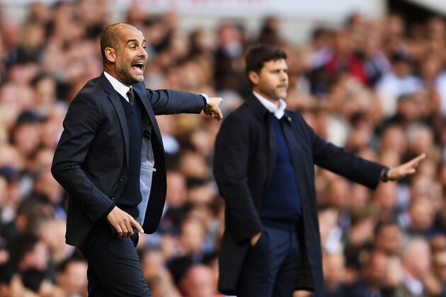 LONDON, ENGLAND - OCTOBER 02:  Josep Guardiola, Manager of Manchester City reacts next to Mauricio Pochettino, manager of Tottenham Hotspur during the Premier League match between Tottenham Hotspur and Manchester City at White Hart Lane on October 2, 2016 in London, England.  (Photo by Shaun Botterill/Getty Images)
