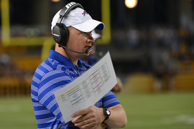 PITTSBURGH, PA - AUGUST 16:  Offensive coordinator Nathaniel Hackett of the Buffalo Bills looks on from the sideline during a preseason game against the Pittsburgh Steelers at Heinz Field on August 16, 2014 in Pittsburgh, Pennsylvania.  The Steelers defeated the Bills 19-16.  (Photo by George Gojkovich/Getty Images)