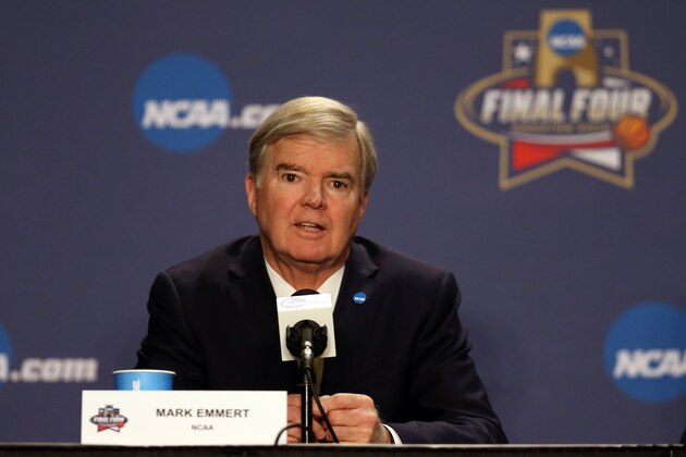 HOUSTON, TEXAS - MARCH 31:  National Collegiate Athletic Association President Mark Emmert speaks during a press conference prior to the 2016 NCAA Men's Final Four at NRG Stadium on March 31, 2016 in Houston, Texas.  (Photo by Streeter Lecka/Getty Images)
