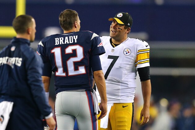 FOXBORO, MA - SEPTEMBER 10: Tom Brady #12 of the New England Patriots and Ben Roethlisberger #7 of the Pittsburgh Steelers speak before the game at Gillette Stadium on September 10, 2015 in Foxboro, Massachusetts. (Photo by Maddie Meyer/Getty Images) FOXBORO, MA - SEPTEMBER 10: Tom Brady #12 of the New England Patriots and Ben Roethlisberger #7 of the Pittsburgh Steelers speak before the game at Gillette Stadium on September 10, 2015 in Foxboro, Massachusetts. (Photo by Maddie Meyer/Getty Images)