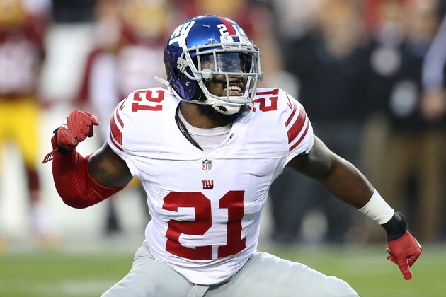 LANDOVER, MD - JANUARY 01: Strong safety Landon Collins #21 of the New York Giants reacts after sacking quarterback Kirk Cousins #8 of the Washington Redskins (not pictured) in the first quarter at FedExField on January 1, 2017 in Landover, Maryland. (Photo by Rob Carr/Getty Images)