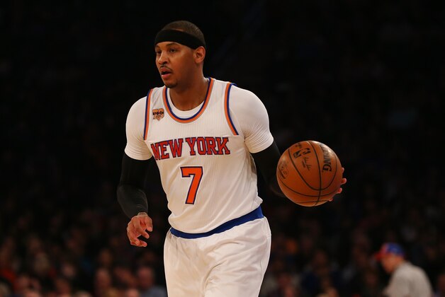 NEW YORK, NY - JANUARY 16:  Carmelo Anthony #7 of the New York Knicks in action against the Atlanta Hawks at Madison Square Garden on January 16, 2017 in New York City.  NOTE TO USER: User expressly acknowledges and agrees that, by downloading and or using this photograph, User is consenting to the terms and conditions of the Getty Images License Agreement. Atlanta Hawks defeated the New York Knicks 108-107.  (Photo by Mike Stobe/Getty Images)