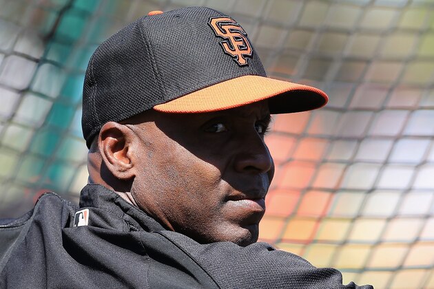SCOTTSDALE, AZ - MARCH 15:  Barry Bonds of the San Francisco Giants watches batting practice before the spring training game against the Oakland Athletics at Scottsdale Stadium on March 15, 2014 in Scottsdale, Arizona.  (Photo by Christian Petersen/Getty Images)