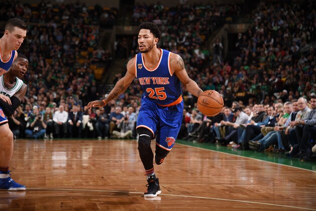 BOSTON, MA - JANUARY 18: Derrick Rose #25 of the New York Knicks handles the ball during a game against the Boston Celtics on January 18, 2017 at TD Garden in Boston, Massachusetts. NOTE TO USER: User expressly acknowledges and agrees that, by downloading and/or using this photograph, user is consenting to the terms and conditions of the Getty Images License Agreement. Mandatory Copyright Notice: Copyright 2017 NBAE (Photo by Brian Babineau/NBAE via Getty Images) BOSTON, MA - JANUARY 18: Derrick Rose #25 of the New York Knicks handles the ball during a game against the Boston Celtics on January 18, 2017 at TD Garden in Boston, Massachusetts. NOTE TO USER: User expressly acknowledges and agrees that, by downloading and/or using this photograph, user is consenting to the terms and conditions of the Getty Images License Agreement. Mandatory Copyright Notice: Copyright 2017 NBAE (Photo by Brian Babineau/NBAE via Getty Images)