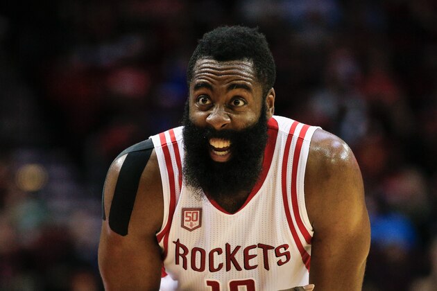 HOUSTON, TX - JANUARY 18:  James Harden #13 of the Houston Rockets talks to players on the bench in the first half against the Milwaukee Bucks at Toyota Center on January 18, 2017 in Houston, Texas. NOTE TO USER: User expressly acknowledges and agrees that, by downloading and/or using this photograph, user is consenting to the terms and conditions of the Getty Images License Agreement.  (Photo by Bob Levey/Getty Images)