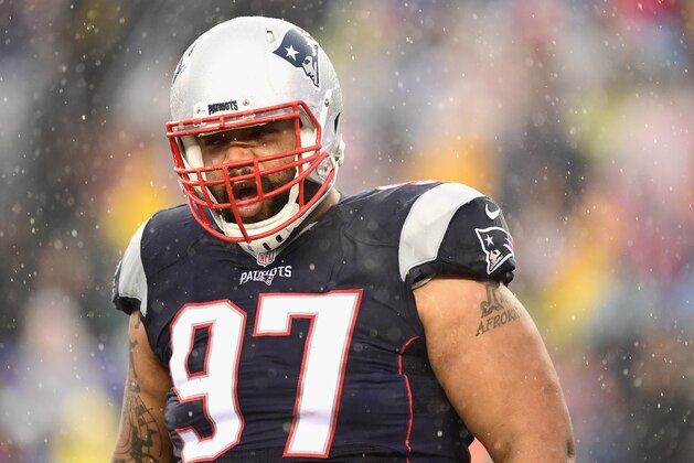 FOXBORO, MA - DECEMBER 24: Alan Branch #97 of the New England Patriots reacts during the first quarter of a game against the New York Jets at Gillette Stadium on December 24, 2016 in Foxboro, Massachusetts.  (Photo by Billie Weiss/Getty Images)