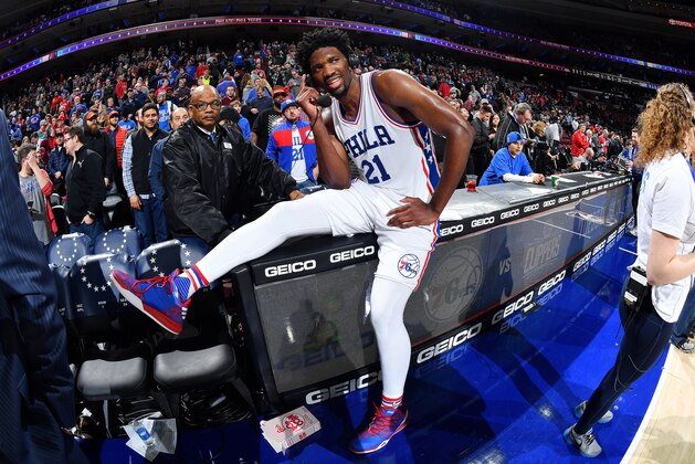 PHILADELPHIA, PA - JANUARY 18: Joel Embiid #21 of the Philadelphia 76ers talks with the media after the game against the Toronto Raptors on January 18, 2017 at Wells Fargo Center in Philadelphia, Pennsylvania. NOTE TO USER: User expressly acknowledges and agrees that, by downloading and or using this photograph, User is consenting to the terms and conditions of the Getty Images License Agreement. Mandatory Copyright Notice: Copyright 2017 NBAE (Photo by Jesse D. Garrabrant/NBAE via Getty Images)