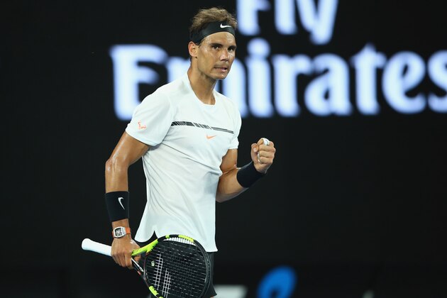 MELBOURNE, AUSTRALIA - JANUARY 19:  Rafael Nadal of Spain celebrates winning the first set in his second round match against Marcos Baghdatis of Cyprus on day four of the 2017 Australian Open at Melbourne Park on January 19, 2017 in Melbourne, Australia.  (Photo by Clive Brunskill/Getty Images)