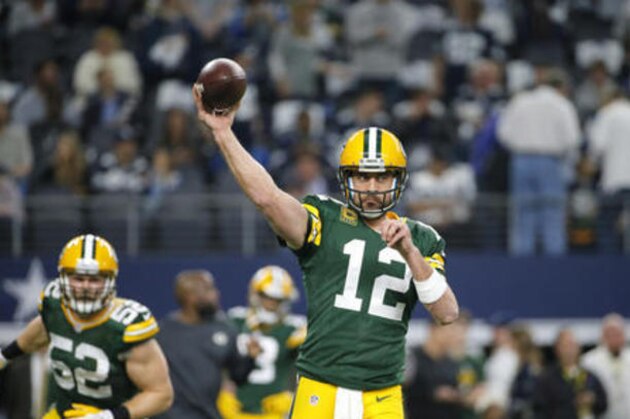Green Bay Packers quarterback Aaron Rodgers (12) warms up during the first half of an NFL divisional playoff football game Sunday, Jan. 15, 2017, in Arlington, Texas. (AP Photo/Tony Gutierrez) Green Bay Packers quarterback Aaron Rodgers (12) warms up during the first half of an NFL divisional playoff football game Sunday, Jan. 15, 2017, in Arlington, Texas. (AP Photo/Tony Gutierrez)