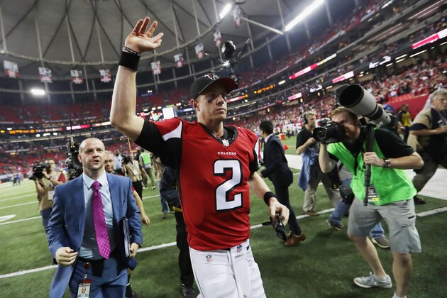 ATLANTA, GA - JANUARY 14:  Matt Ryan #2 of the Atlanta Falcons reacts after beatting the Seattle Seahawks  at the Georgia Dome on January 14, 2017 in Atlanta, Georgia.  (Photo by Streeter Lecka/Getty Images)