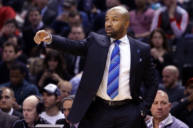 TORONTO, ON - JANUARY 28:  Head Coach Derek Fisher of the New York Knicks gestures to his players during an NBA game against the Toronto Raptors at the Air Canada Centre on January 28, 2016 in Toronto, Ontario, Canada.  NOTE TO USER: User expressly acknowledges and agrees that, by downloading and or using this photograph, User is consenting to the terms and conditions of the Getty Images License Agreement.  (Photo by Vaughn Ridley/Getty Images)