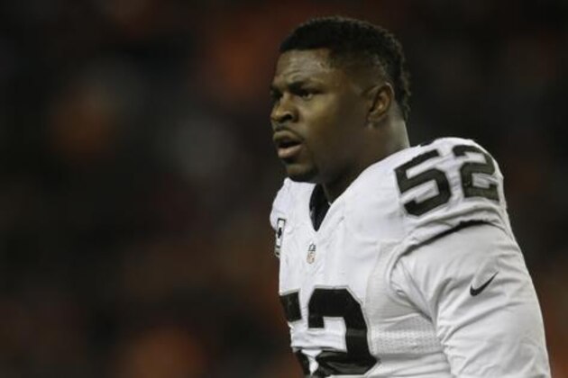 Oakland Raiders defensive end Khalil Mack during an NFL football game against the Denver Broncos, Sunday, Jan. 1, 2017, in Denver. The Broncos beat the Raiders 24-6. (AP Photo/Joe Mahoney)