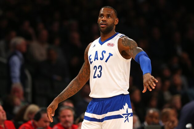 TORONTO, ON - FEBRUARY 14: LeBron James #23 of the Cleveland Cavaliers and the Eastern Conference reacts after a play in the second half against the Western Conference during the NBA All-Star Game 2016 at the Air Canada Centre on February 14, 2016 in Toronto, Ontario. NOTE TO USER: User expressly acknowledges and agrees that, by downloading and/or using this Photograph, user is consenting to the terms and conditions of the Getty Images License Agreement.  (Photo by Elsa/Getty Images)