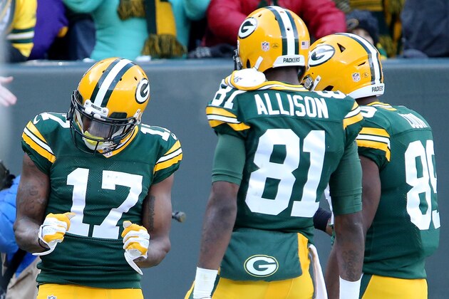 GREEN BAY, WI - DECEMBER 24:  Davante Adams #17 of the Green Bay Packers celebrates with Geronimo Allison #81 and Jared Cook #89 after scoring a touchdown in the first quarter against the Minnesota Vikings at Lambeau Field on December 24, 2016 in Green Bay, Wisconsin. (Photo by Dylan Buell/Getty Images)