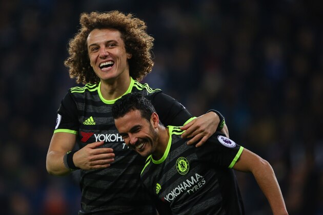 LEICESTER, ENGLAND - JANUARY 14: Pedro of Chelsea celebrates after scoring a goal to make it 0-3 during the Premier League match between Leicester City and Chelsea at The King Power Stadium on January 14, 2017 in Leicester, England. (Photo by Robbie Jay Barratt - AMA/Getty Images)
