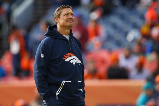 DENVER, CO - JANUARY 1:  Offensive coordinator Rick Dennison of the Denver Broncos during pregame warmups before playing the Oakland Raiders at Sports Authority Field at Mile High on January 1, 2017 in Denver, Colorado. (Photo by Justin Edmonds/Getty Images)