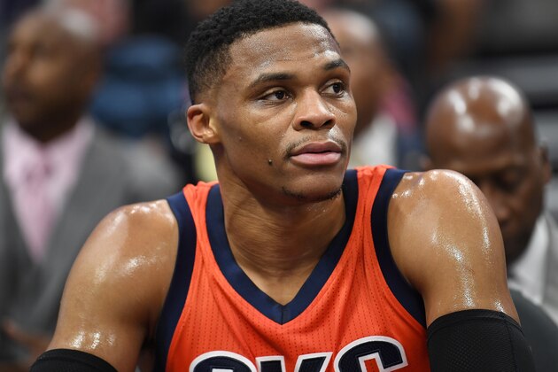 SACRAMENTO, CA - JANUARY 15: Russell Westbrook #0 of the Oklahoma City Thunder looks on from the bench during against the Sacramento Kings during an NBA basketball game at Golden 1 Center on January 15, 2017 in Sacramento, California. NOTE TO USER: User expressly acknowledges and agrees that, by downloading and or using this photograph, User is consenting to the terms and conditions of the Getty Images License Agreement. (Photo by Thearon W. Henderson/Getty Images) SACRAMENTO, CA - JANUARY 15: Russell Westbrook #0 of the Oklahoma City Thunder looks on from the bench during against the Sacramento Kings during an NBA basketball game at Golden 1 Center on January 15, 2017 in Sacramento, California. NOTE TO USER: User expressly acknowledges and agrees that, by downloading and or using this photograph, User is consenting to the terms and conditions of the Getty Images License Agreement. (Photo by Thearon W. Henderson/Getty Images)