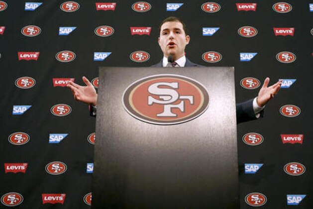San Francisco 49ers CEO Jed York speaks to reporters during a media conference Monday, Jan. 2, 2017, in Santa Clara, Calif. York answered questions regarding his decision to fire coach Chip Kelly and general manager Trent Baalke. (AP Photo/Tony Avelar)
