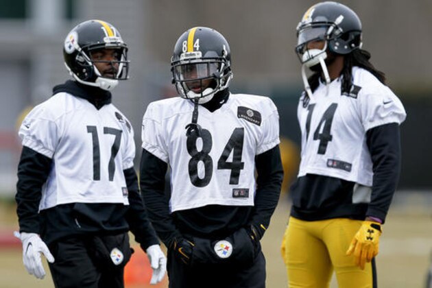 Pittsburgh Steelers wide receiver Antonio Brown (84) stands with other receivers Eli Rogers (17) and Sammie Coates (14) during their NFL football practice, Thursday, Jan. 19, 2017, in Pittsburgh. The Steelers face the New England Patriots in the AFC conference championship on Sunday. (AP Photo/Keith Srakocic) Pittsburgh Steelers wide receiver Antonio Brown (84) stands with other receivers Eli Rogers (17) and Sammie Coates (14) during their NFL football practice, Thursday, Jan. 19, 2017, in Pittsburgh. The Steelers face the New England Patriots in the AFC conference championship on Sunday. (AP Photo/Keith Srakocic)