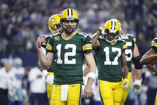 ARLINGTON, TX - JANUARY 15: Aaron Rodgers #12 of the Green Bay Packers looks on during the NFC Divisional Playoff game against the Dallas Cowboys at AT&T Stadium on January 15, 2017 in Arlington, Texas. The Packers defeated the Cowboys 34-31. (Photo by Joe Robbins/Getty Images)