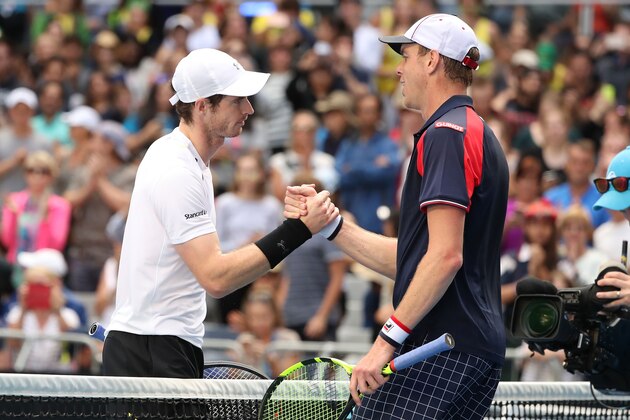MELBOURNE, AUSTRALIA - JANUARY 20:  Andy Murray of Great Britain is congratulated by Sam Querrey of the United States after winning their third round match on day five of the 2017 Australian Open at Melbourne Park on January 20, 2017 in Melbourne, Australia.  (Photo by Scott Barbour/Getty Images)