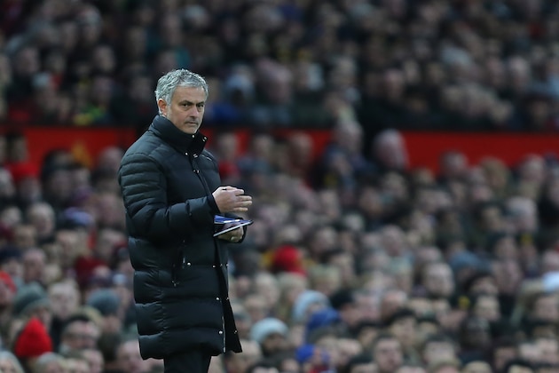 MANCHESTER, ENGLAND - JANUARY 15:  Manchester United Manager Jose Mourinho takes notes during the Premier League match between Manchester United and Liverpool at Old Trafford on January 15, 2017 in Manchester, England.  (Photo by James Baylis - AMA/Getty Images)