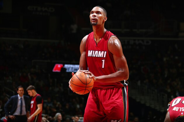 WASHINGTON, DC -  JANUARY 20: Chris Bosh #1 of the Miami Heat shoots a free throw during the game against the Washington Wizards on January 20, 2016 at Verizon Center in Washington, DC. NOTE TO USER: User expressly acknowledges and agrees that, by downloading and or using this Photograph, user is consenting to the terms and conditions of the Getty Images License Agreement. Mandatory Copyright Notice: Copyright 2016 NBAE (Photo by Ned Dishman/NBAE via Getty Images)