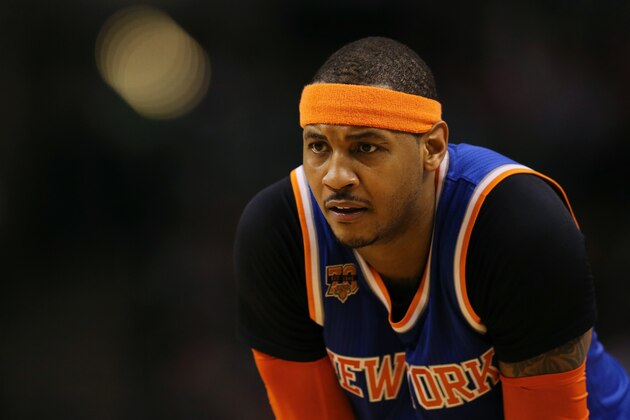 BOSTON, MA - JANUARY 18: Carmelo Anthony #7 of the New York Knicks looks on during the second half against the Boston Celtics  at TD Garden on January 18, 2017 in Boston, Massachusetts. The Knicks defeat the Celtics 117-106. NOTE TO USER: User expressly acknowledges and agrees that, by downloading and or using this Photograph, user is consenting to the terms and conditions of the Getty Images License Agreement. (Photo by Maddie Meyer/Getty Images)