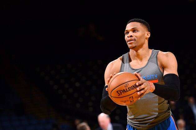 OAKLAND, CA - JANUARY 18: Russell Westbrook #0 of the Oklahoma City Thunder warms up before the game against the Golden State Warriors on January 18, 2017 at ORACLE Arena in Oakland, California. NOTE TO USER: User expressly acknowledges and agrees that, by downloading and or using this photograph, user is consenting to the terms and conditions of Getty Images License Agreement. Mandatory Copyright Notice: Copyright 2017 NBAE (Photo by Noah Graham/NBAE via Getty Images)