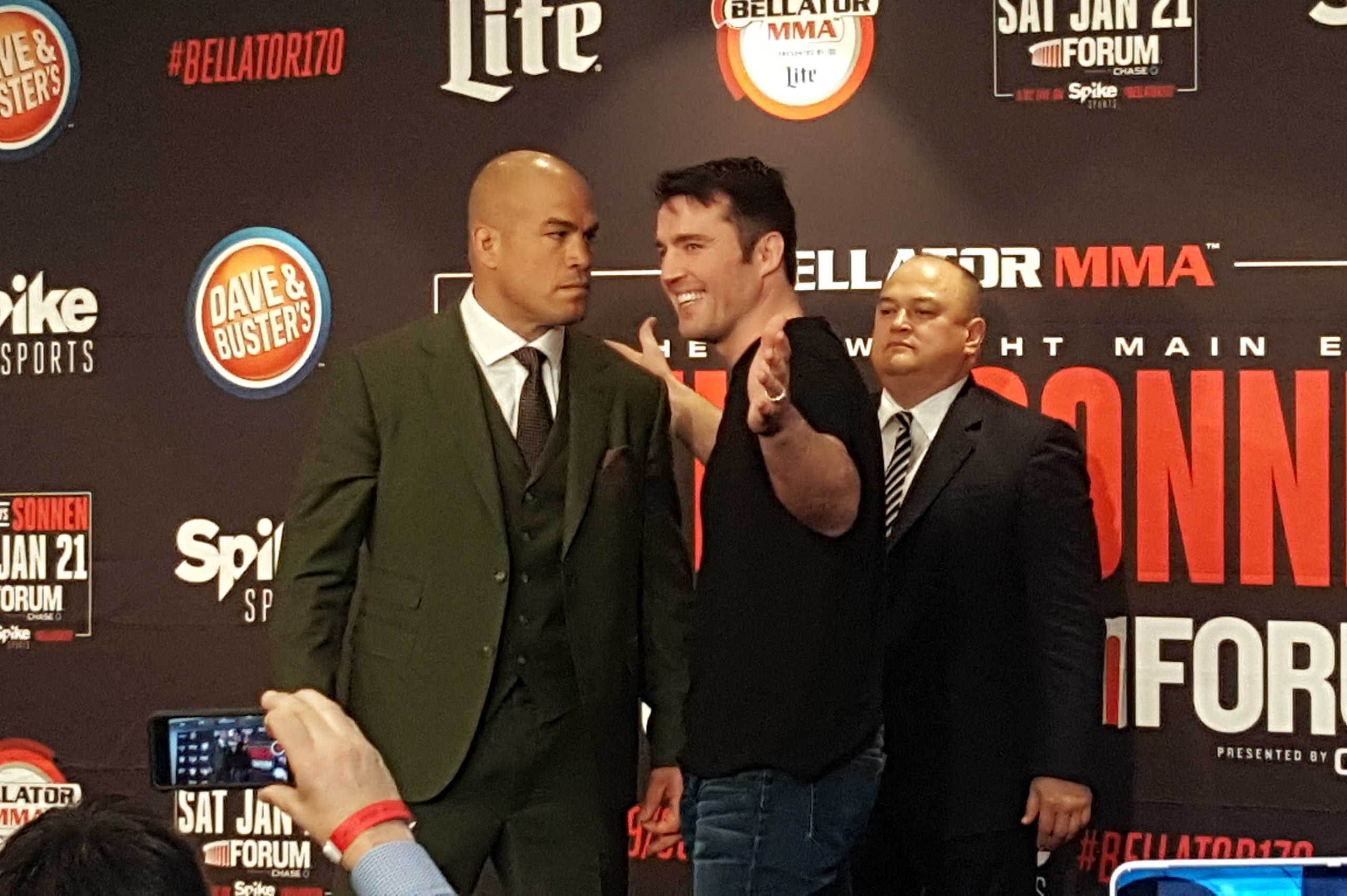 Tito Ortiz and Chael Sonnen Square off at a press conference on Thursday as Bellator MMA president Scott Coker watches.