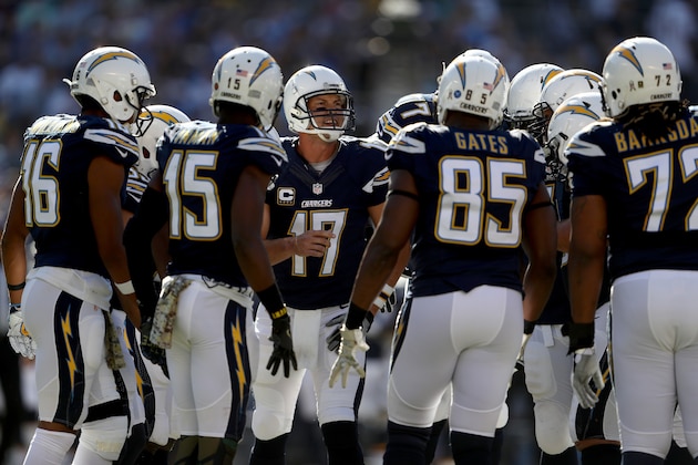 SAN DIEGO, CA - NOVEMBER 13:  Philip Rivers #17,  Melvin Gordon #28,  Antonio Gates #85, and  King Dunlap #77 of the San Diego Chargers huddle during a game against the Miami Dolphins at Qualcomm Stadium on November 13, 2016 in San Diego, California.  (Photo by Sean M. Haffey/Getty Images)