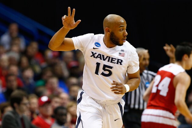 ST LOUIS, MO - MARCH 20: Myles Davis #15 of the Xavier Musketeers reacts after a basket in the first half against the Wisconsin Badgers during the second round of the 2016 NCAA Men's Basketball Tournament at Scottrade Center on March 20, 2016 in St Louis, Missouri.  (Photo by Jamie Squire/Getty Images)