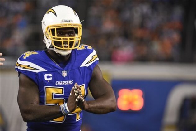 San Diego Chargers outside linebacker Melvin Ingram reacts during the second half of an NFL football game against the Denver Broncos  Thursday, Oct. 13, 2016, in San Diego. (AP Photo/Denis Poroy)