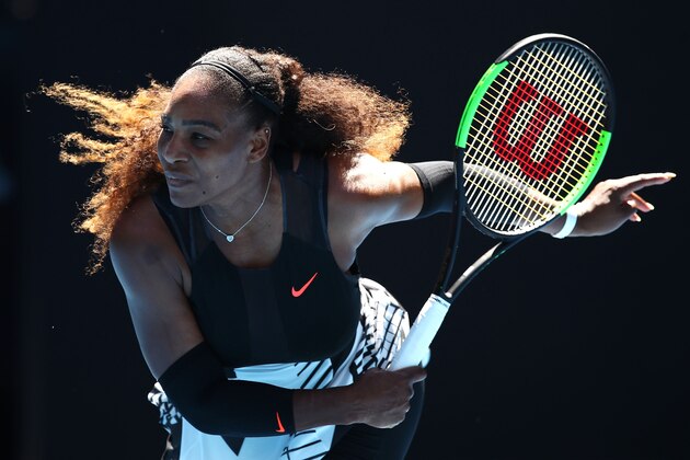 MELBOURNE, AUSTRALIA - JANUARY 21:  Serena Williams of the United States serves in her third round match against Nicole Gibbs of the Unites States on day six of the 2017 Australian Open at Melbourne Park on January 21, 2017 in Melbourne, Australia.  (Photo by Cameron Spencer/Getty Images)