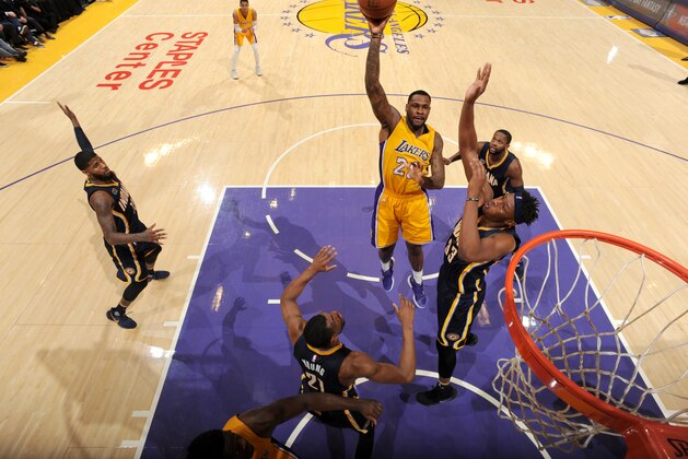 LOS ANGELES, CA - JANUARY 20:  Tarik Black #28 of the Los Angeles Lakers shoots the ball against the Indiana Pacers on January 20, 2017 at STAPLES Center in Los Angeles, California. NOTE TO USER: User expressly acknowledges and agrees that, by downloading and/or using this Photograph, user is consenting to the terms and conditions of the Getty Images License Agreement. Mandatory Copyright Notice: Copyright 2017 NBAE (Photo by Andrew D. Bernstein/NBAE via Getty Images)